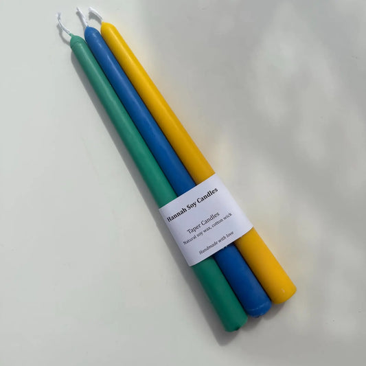 3 Pack Blue Green Yellow Taper Candles