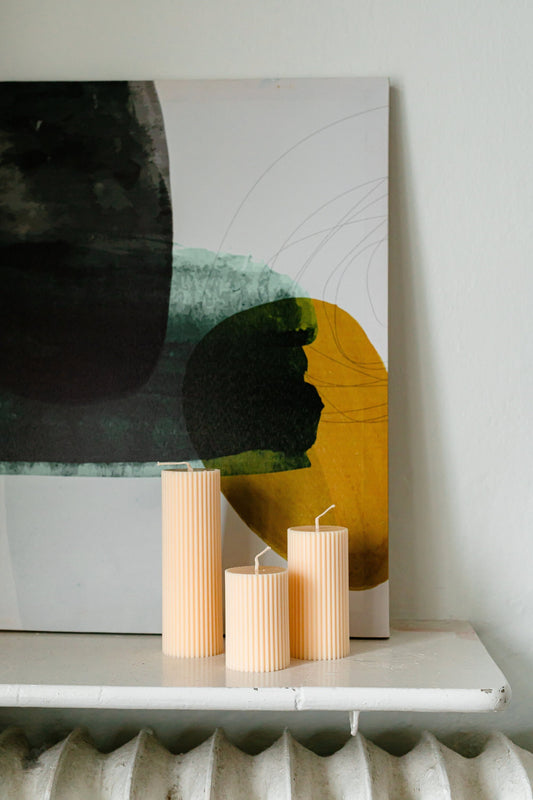 Elegant Ecru Ribbed Pillar Soy Candles