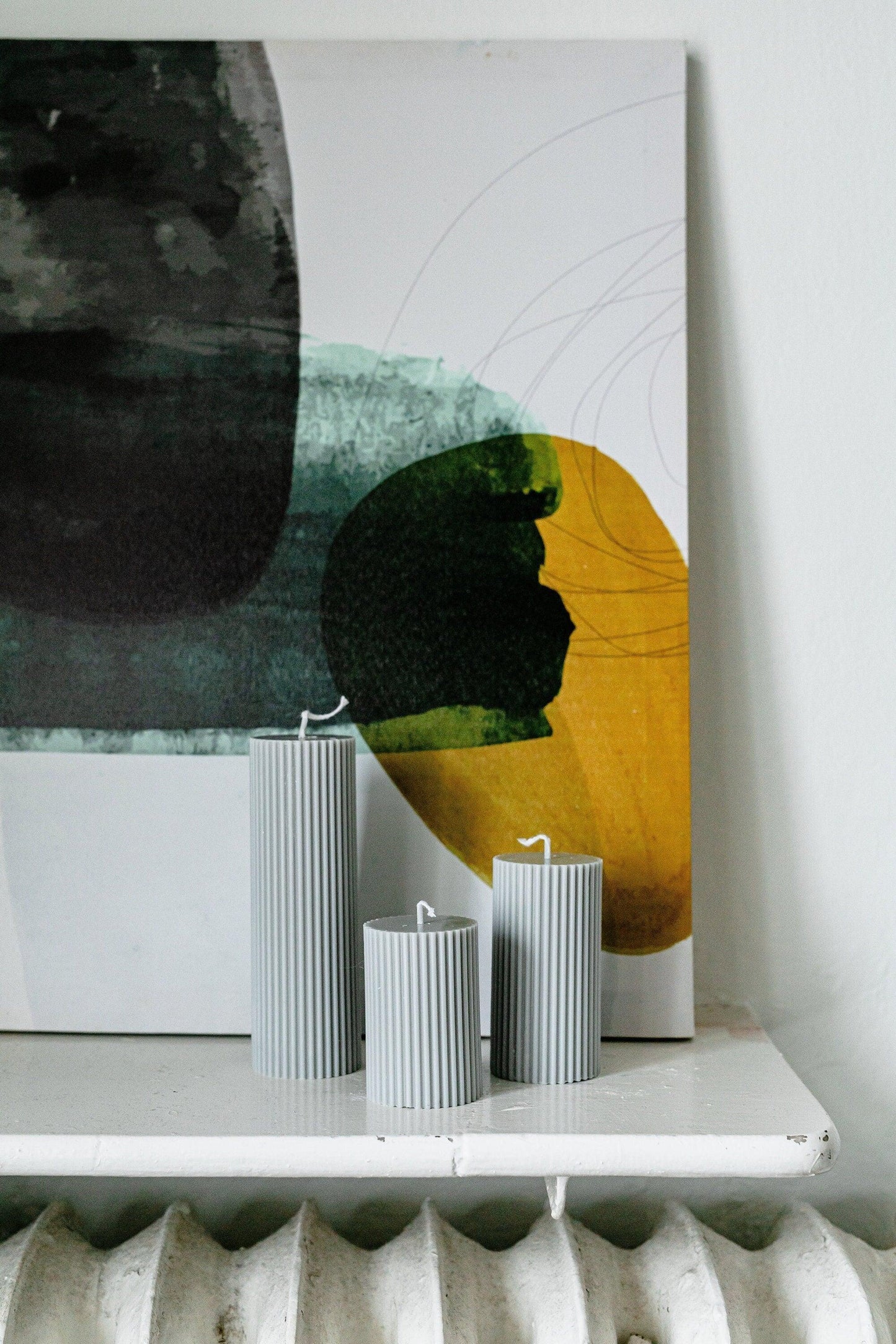 Elegant Gray Ribbed Pillar Soy Candles