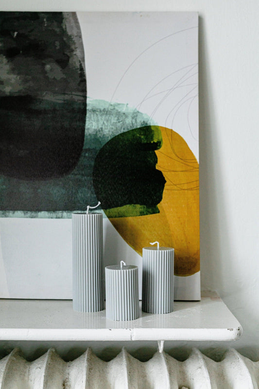 Elegant Gray Ribbed Pillar Soy Candles